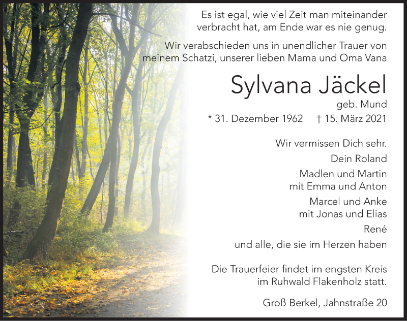  Traueranzeige für Sylvana Jäckel vom 20.03.2021 aus Deister- und Weserzeitung