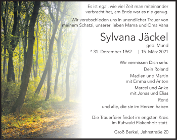 Traueranzeige von Sylvana Jäckel von Deister- und Weserzeitung