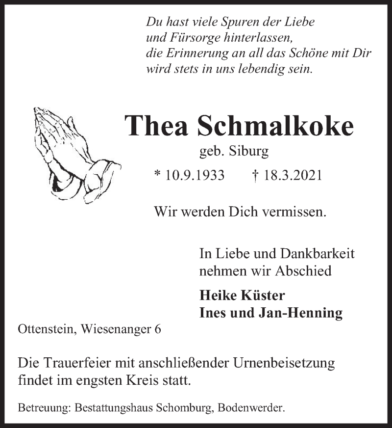  Traueranzeige für Thea Schmalkoke vom 20.03.2021 aus Deister- und Weserzeitung