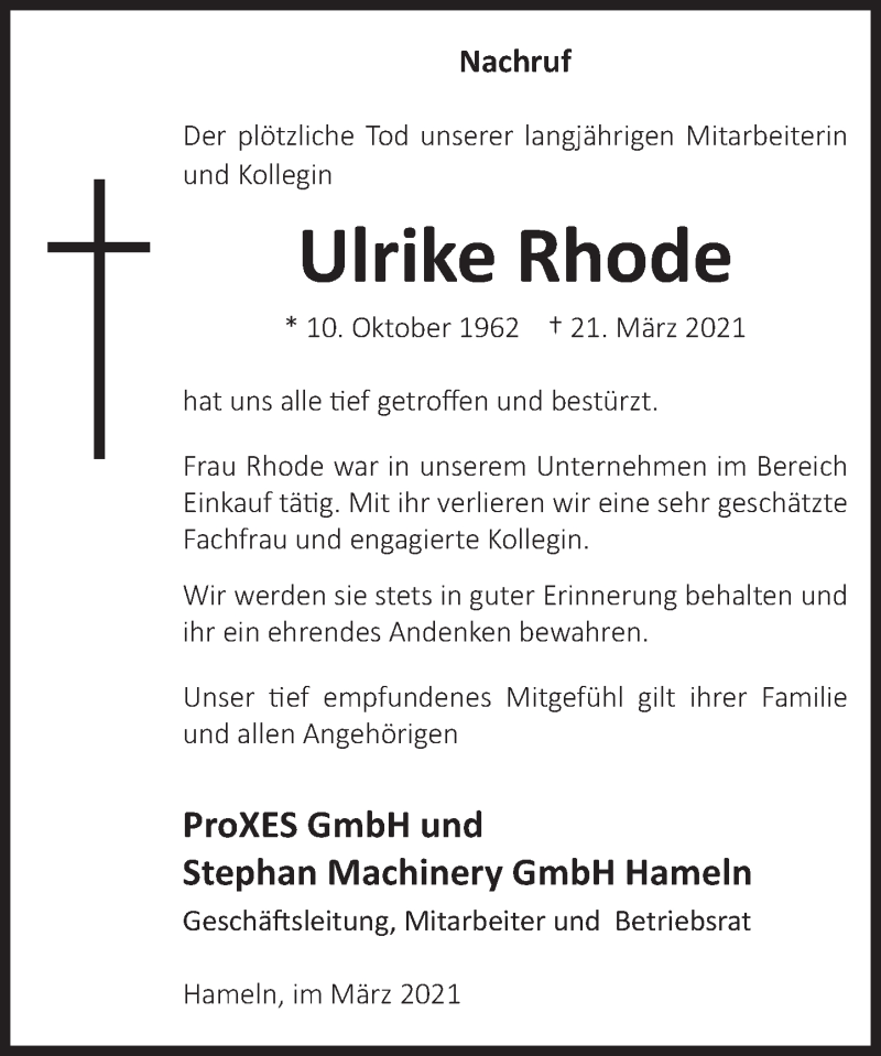  Traueranzeige für Ulrike Rhode vom 27.03.2021 aus Deister- und Weserzeitung
