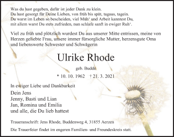 Traueranzeige von Ulrike Rhode von Deister- und Weserzeitung