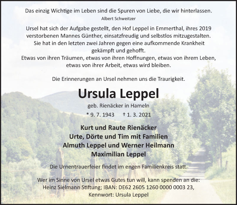  Traueranzeige für Ursula Leppel vom 13.03.2021 aus Deister- und Weserzeitung
