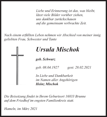 Traueranzeige von Ursula Mischok von Deister- und Weserzeitung