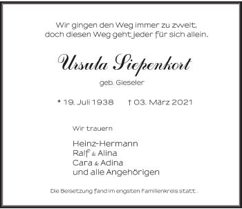 Traueranzeige von Ursula Siepenkort von Deister- und Weserzeitung