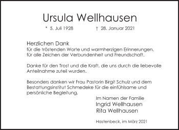 Traueranzeige von Ursula Wellhausen von Deister- und Weserzeitung