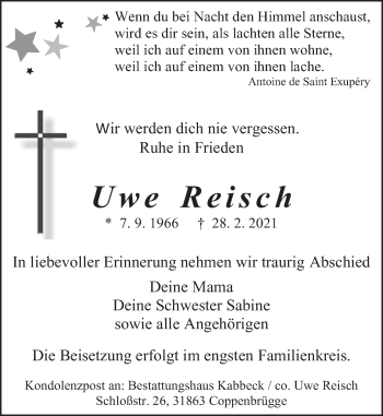 Traueranzeige von Uwe Reisch von Deister- und Weserzeitung