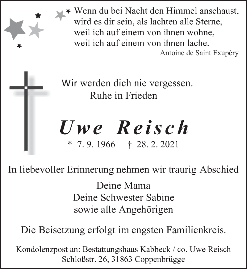  Traueranzeige für Uwe Reisch vom 06.03.2021 aus Deister- und Weserzeitung