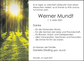Traueranzeige von Werner Mundt von Deister- und Weserzeitung