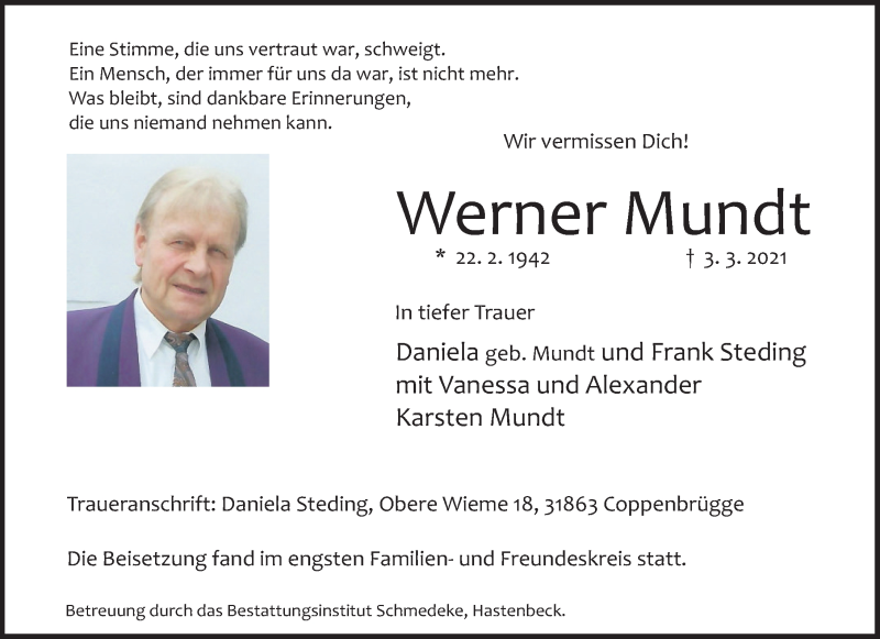  Traueranzeige für Werner Mundt vom 13.03.2021 aus Deister- und Weserzeitung