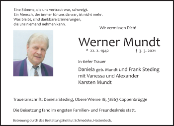 Traueranzeige von Werner Mundt von Deister- und Weserzeitung