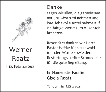 Traueranzeige von Werner Raatz von Deister- und Weserzeitung