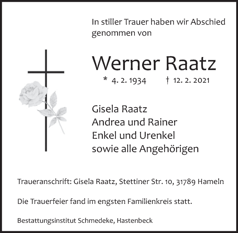  Traueranzeige für Werner Raatz vom 06.03.2021 aus Deister- und Weserzeitung
