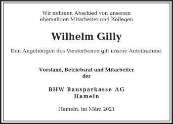 Traueranzeige von Wilhelm Gilly von Deister- und Weserzeitung