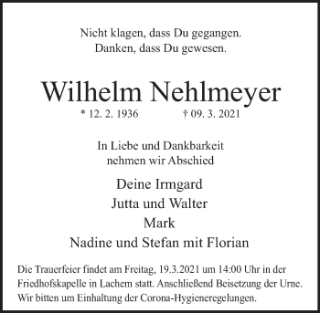 Traueranzeige von Wilhelm Nehlmeyer von Deister- und Weserzeitung