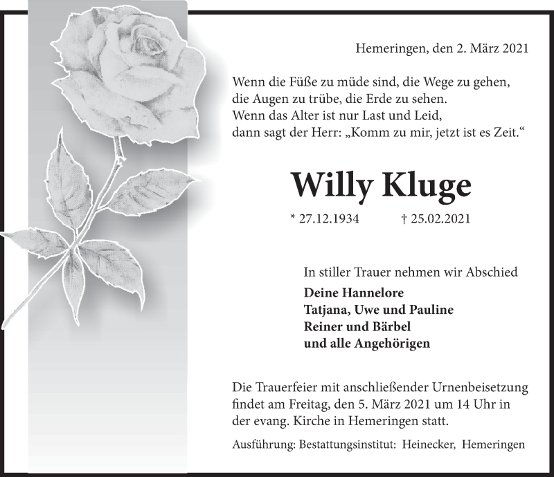  Traueranzeige für Willy Kluge vom 02.03.2021 aus Deister- und Weserzeitung