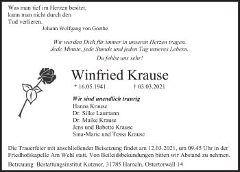 Traueranzeige von Winfried Krause von Deister- und Weserzeitung