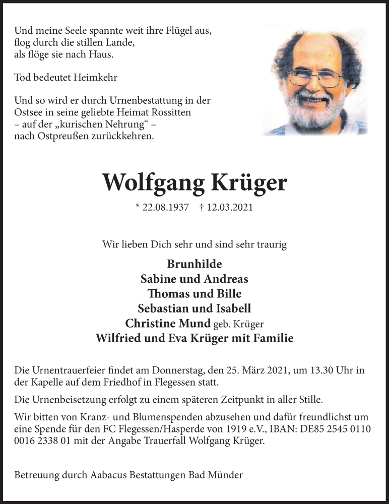  Traueranzeige für Wolfgang Krüger vom 20.03.2021 aus Deister- und Weserzeitung