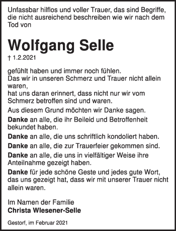 Traueranzeige von Wolfgang Selle von Neue Deister-Zeitung
