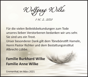 Traueranzeige von Wolfgang Wilke von Deister- und Weserzeitung
