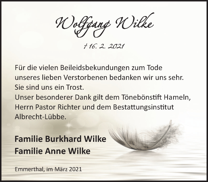  Traueranzeige für Wolfgang Wilke vom 27.03.2021 aus Deister- und Weserzeitung
