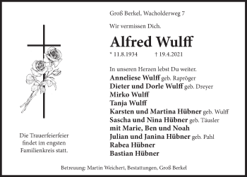 Traueranzeige von Alfred Wulff von Deister- und Weserzeitung