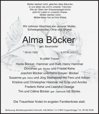 Traueranzeige von Alma Böcker von Deister- und Weserzeitung