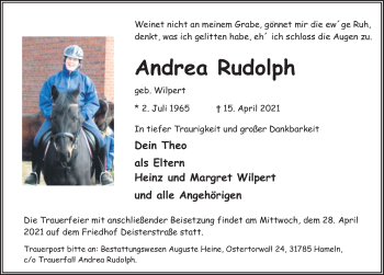Traueranzeige von Andrea Rudolph von Deister- und Weserzeitung