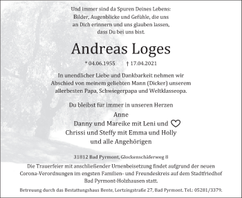 Traueranzeige von Andreas Loges von Deister- und Weserzeitung
