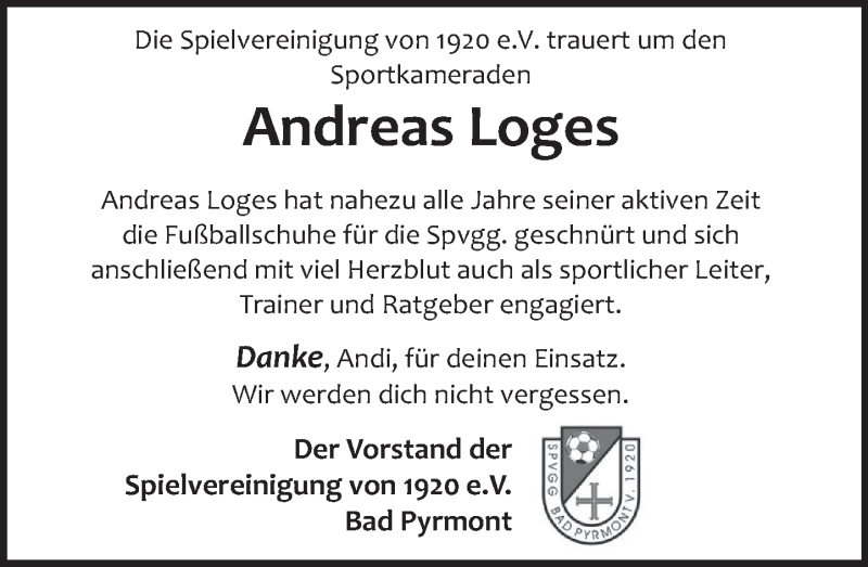  Traueranzeige für Andreas Loges vom 21.04.2021 aus Deister- und Weserzeitung
