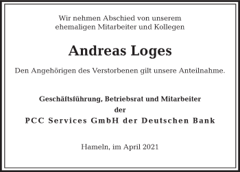 Traueranzeige von Andreas Loges von Deister- und Weserzeitung