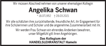 Traueranzeige von Angelika Schwan von Deister- und Weserzeitung