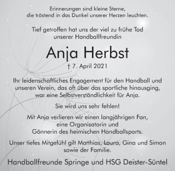 Traueranzeige von Anja Herbst von Neue Deister-Zeitung
