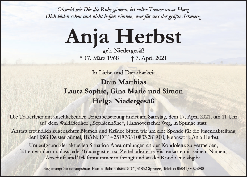  Traueranzeige für Anja Herbst vom 10.04.2021 aus Neue Deister-Zeitung