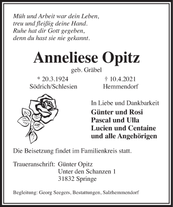 Traueranzeige von Anneliese Opitz von Deister- und Weserzeitung