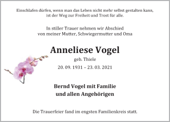 Traueranzeige von Anneliese Vogel von Deister- und Weserzeitung