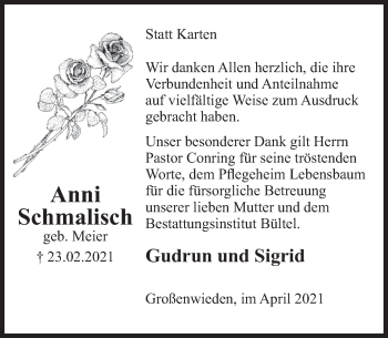 Traueranzeige von Anni Schmalisch von Deister- und Weserzeitung