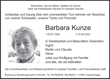 Traueranzeige von Barbara Kunze von Deister- und Weserzeitung