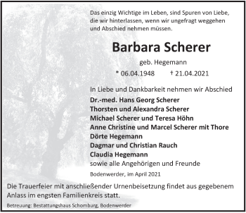 Traueranzeige von Barbara Scherer von Deister- und Weserzeitung