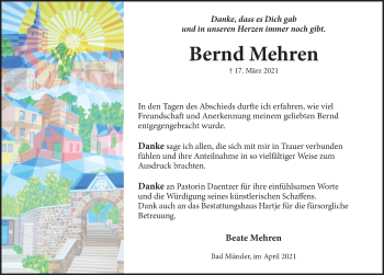 Traueranzeige von Bernd Mehren von Neue Deister-Zeitung