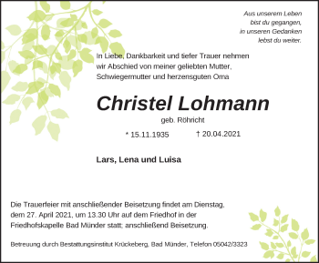 Traueranzeige von Christel Lohmann von Neue Deister-Zeitung