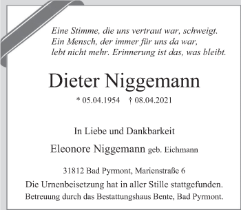 Traueranzeige von Dieter Niggemann von Deister- und Weserzeitung
