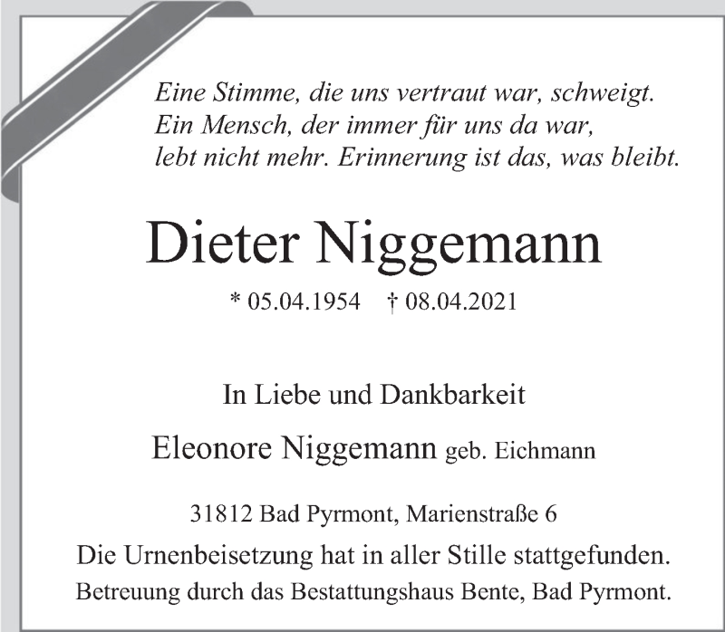  Traueranzeige für Dieter Niggemann vom 17.04.2021 aus Deister- und Weserzeitung