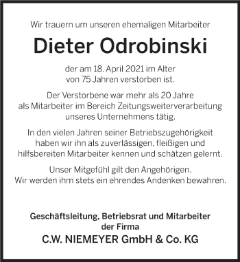 Traueranzeige von Dieter Odrobinski von Deister- und Weserzeitung