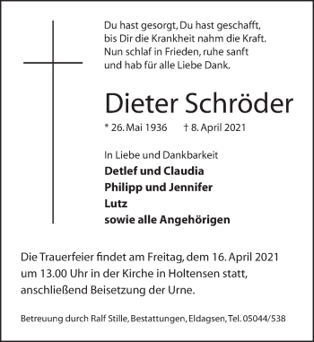 Traueranzeige von Dieter Schröder von Neue Deister-Zeitung