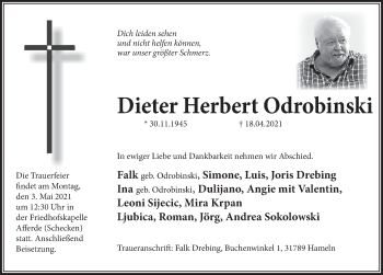 Traueranzeige von Dieter Herbert Odrobinski von Deister- und Weserzeitung