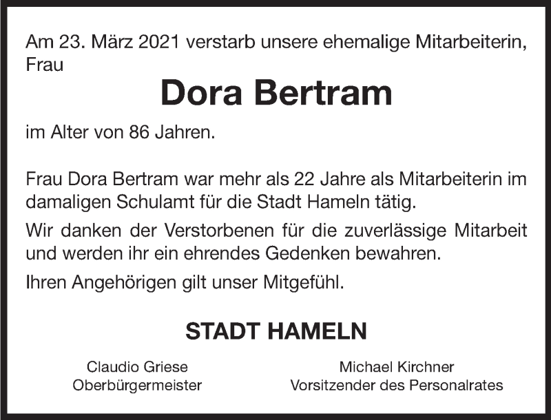  Traueranzeige für Dora Bertram vom 10.04.2021 aus Deister- und Weserzeitung