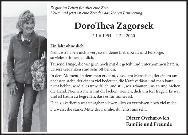  Traueranzeige für DoroThea Zagorsek vom 03.04.2021 aus Deister- und Weserzeitung
