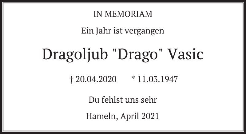  Traueranzeige für Dragoljub Vasic vom 24.04.2021 aus Deister- und Weserzeitung