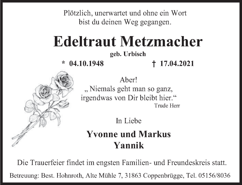  Traueranzeige für Edeltraut Metzmacher vom 24.04.2021 aus Deister- und Weserzeitung
