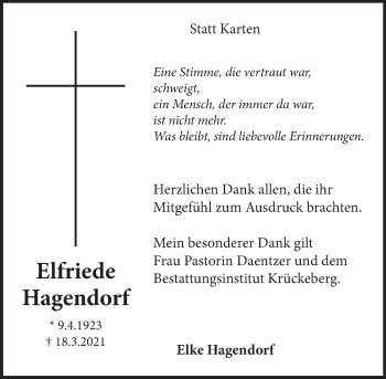 Traueranzeige von Elfriede Hagendorf von Neue Deister-Zeitung